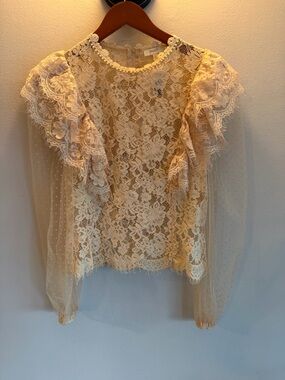 Peach Cream Floral Lace Ruffle Shoulder Swiss Dot Sheer Sleeve Blouse Large